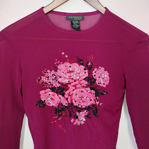 Vintage Express Top Womens Small Burgundy Y2K Floral Rhinestone Sheer Mesh - Picture 2 of 11